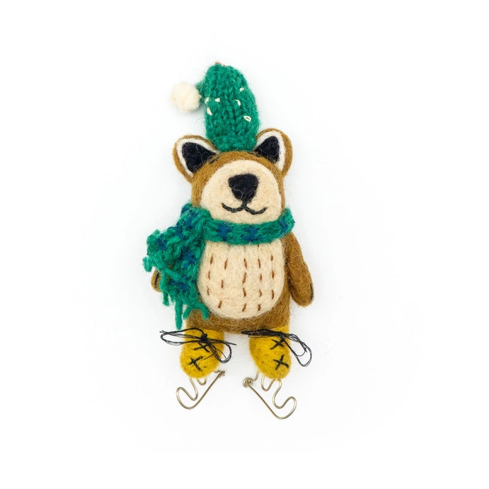 Brown Bear On Skates Holiday Eco Wool Ornament