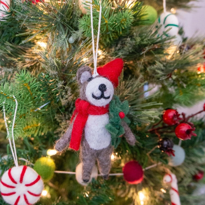 Holly Bear Felt Wool Ornament