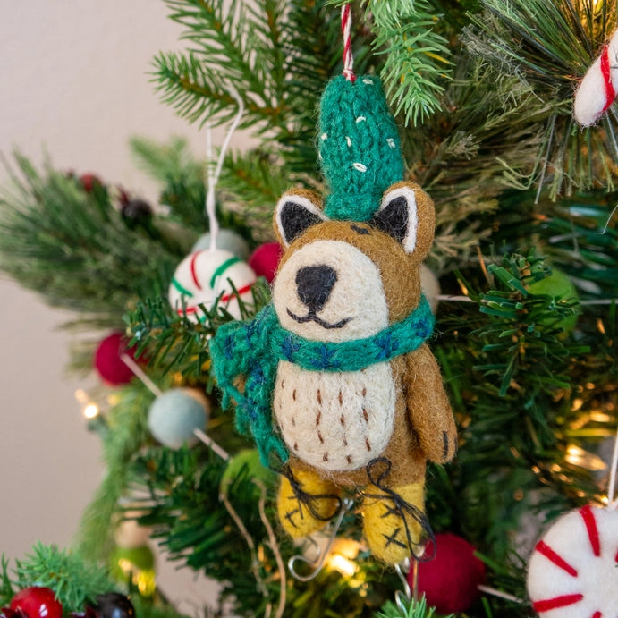 Brown Bear On Skates Holiday Eco Wool Ornament