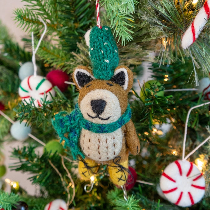 Brown Bear On Skates Holiday Eco Wool Ornament