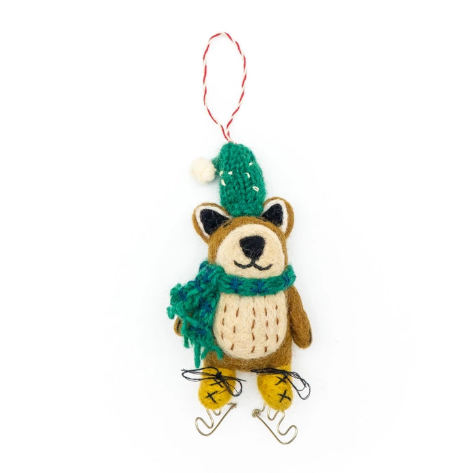 Brown Bear On Skates Holiday Eco Wool Ornament