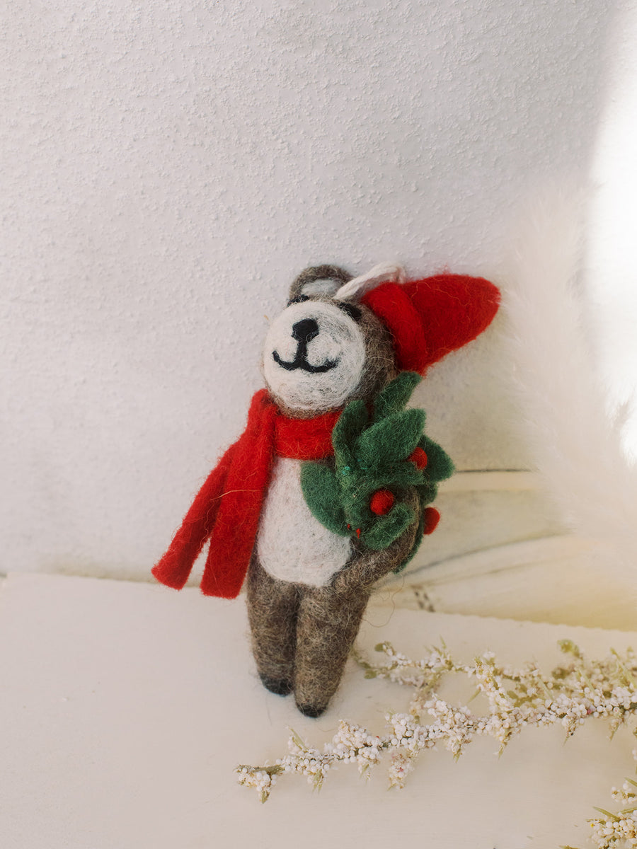 Holly Bear Felt Wool Ornament