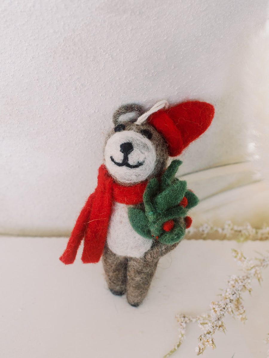 Holly Bear Felt Wool Ornament