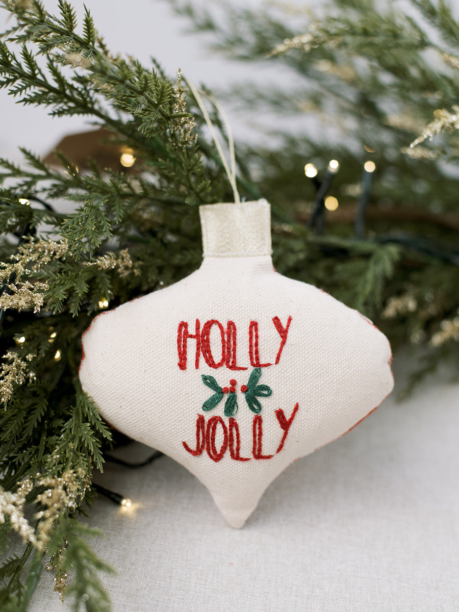 Embroidered Holly Jolly Ornament